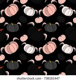 Vector seamless pattern with pumpkins and wings. Holidays print with garland and autumn harvest. Background for Halloween 31 october. Good for fabric, textile, wrapping, poster, banner, web.