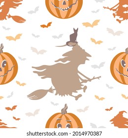 Vector seamless pattern with pumpkins and witches. Halloween design in autumn colors. A witch on a broomstick, a cat flies with a witch, smiling pumpkins. Pattern for printing on textiles, paper.