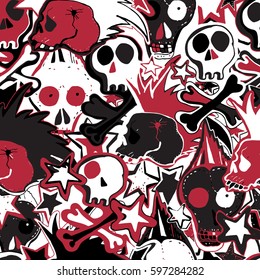 Vector seamless pattern. Punk rock abstract background. Skulls, pins, guitars, rock symbols, disk, stars,lips. Can use for  party decoration, wallpaper, gift wrap, prints, home decor. 