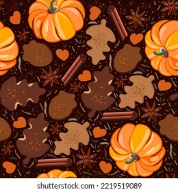 Vector seamless pattern with punpkins, cinnamon, cookies, hearts and dry leaves on dark brown background. Autumnal concept.