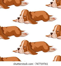 Vector seamless pattern with puppy. Hand drawn illustration with basset hound isolated on white background. Color texture with cute dogs