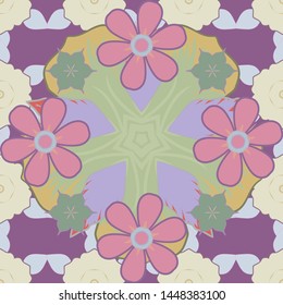 Vector seamless pattern of purple, beige and pink mehndi. Traditional indian style, ornamental abstract elements for henna tattoo, printing, stickers, mehndi, yoga design.