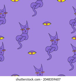 Vector seamless pattern with purple cat character tied in a knot and yellow eyes