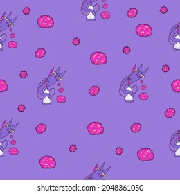Vector seamless pattern with purple cat character smoking hookah and exhaling pink smoke with yellow eyes