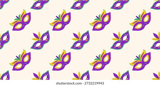 Padrão sem emenda do vetor com máscara mardi gras roxa no fundo claro. Impressão festiva da máscara do carnaval para o papel de embrulho do partido, o tecido, o tecido, a roupa e o projeto da decoração do feriado.