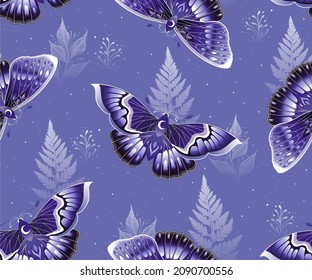 Vector seamless pattern with purple moths on lilac background. Perfect for textile, wallpaper or print design.