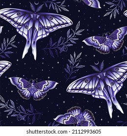 Vector seamless pattern with purple moths on dark background. Perfect for textile, wallpaper or print design.