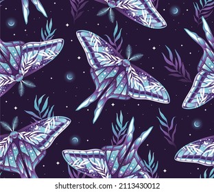Vector seamless pattern with purple moths on dark background. Perfect for textile, wallpaper or print design.