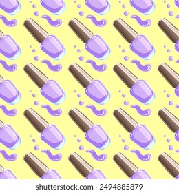 Vector seamless pattern of purple nail polish bottles, brushes, and splashes on a yellow background