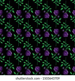 Vector seamless pattern of purple roses on a black background. Botanical realistic doodling. Halloween colors. Gothic floral pattern. Poisonous acid colors.