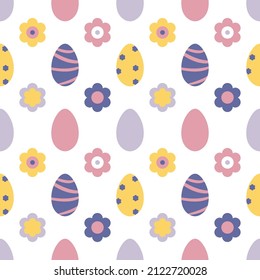Vector seamless pattern with purple,pink and yellow Easter eggs and abstract flowers.Design for Easter party,textile,wrapping paper,cards,napkins and home decoration