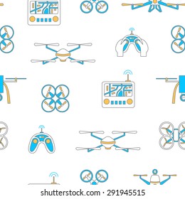Vector seamless pattern with quadcopters on isolated  background. Could be used as print for web, textile and paper.