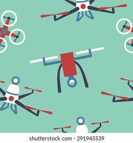 Vector seamless pattern with quadcopters on isolated  background. Could be used as print for web, textile and paper.