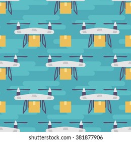 Vector seamless pattern with quadrocopters or drones carrying parcels. 