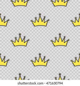 Vector seamless pattern with queen crown. Modern doodle pop art background formed badges, stickers or pins.