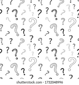 Vector seamless pattern, question marks, doodle drawing, hand drawn black and white background template, graphic backdrop. svg