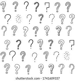 Vector seamless pattern with question marks. Doodle, sketch, cartoon style. Black and white simple background design. question mark hand draw symbol. Vector seamless pattern on white background