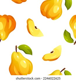 Vector seamless pattern with quince. Fruit design for label, fabric, packaging. Illustration in cartoon style.