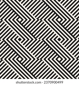 Vector seamless pattern with quirky geometric lines, stripes, chevron, zigzag. Abstract black and white background with optical illusion effect. Stylish modern monochrome texture. Repeated geo design