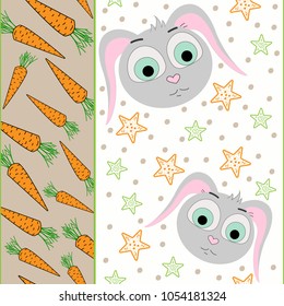 Vector seamless pattern with rabbit and carrot illustration. Modern design for the fabric. Cartoon print.