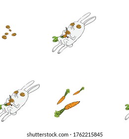vector seamless pattern of a rabbit lying on its back with a carrot over its eyes and calming down