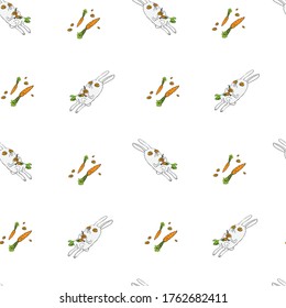 vector seamless pattern of a rabbit lying on its back with a carrot over its eyes and calming down
