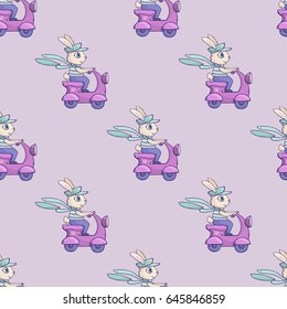 Vector seamless pattern with rabbit riding on scooter