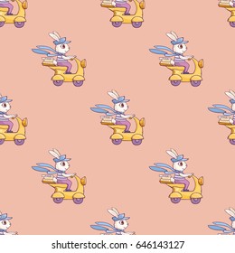 Vector seamless pattern with rabbit riding on scooter. Tasty pizza delivery