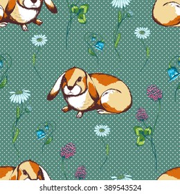 Vector seamless pattern with rabbit and spring flowers on green background with points. Ink drawn vector illustration for prints, wrapping, fabric and other design.