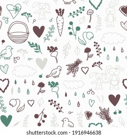 Vector Patrón sin costura con conejos, aves, zanahoria, nube con gotas de lluvia, rábano, bayas y ramas, hojas, corazones. Ideal para el diseño de ropa infantil, textura de papel envolvente, diseño de portada. Doodle