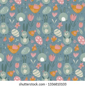 Vector seamless pattern with rabbits, chicken and flowers. Spring Easter endless background with cartoon bunnies, birds, eggs and plants