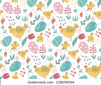 Vector seamless pattern with rabbits, chicken and flowers. Spring Easter endless background with cartoon bunnies, birds, eggs and plants