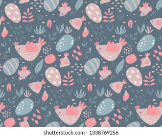 Vector seamless pattern with rabbits, chicken and flowers. Spring Easter endless background with cartoon bunnies, birds, eggs and plants