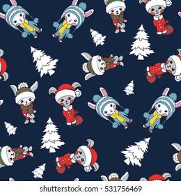 Vector seamless pattern with rabbits in Christmas costumes