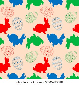  Vector seamless pattern with rabbits and colorful eggs. Easter holiday background with bunny