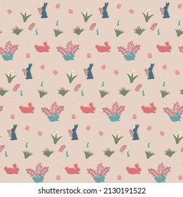 Vector seamless pattern of rabbits and Easter eggs. Template for textiles. wrapping paper, covers, scrapbooking, wallpaper.