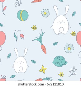 Vector seamless pattern of rabbits with elements. Baby animal background design for textile, print, bedclothes, texture and paper.
