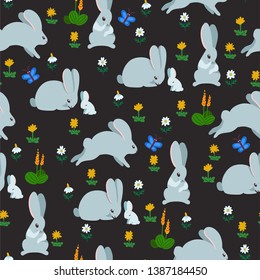 Vector seamless pattern with rabbits in glade. Hand drawn texture with cute cartoon characters, and other natural elements.