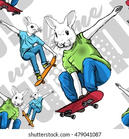 Vector seamless pattern with rabbits on skateboards. White.