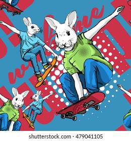 Vector seamless pattern with rabbits on skateboards. Blue.