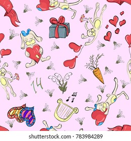 vector seamless pattern with rabbits on Valentine's day pink background