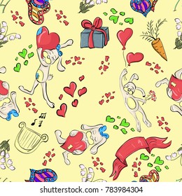 vector seamless pattern with rabbits on Valentine's day yellow background