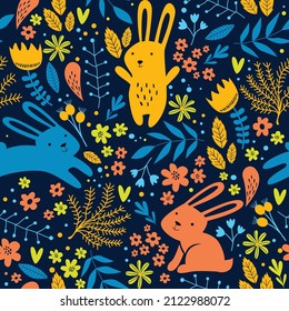 Vector seamless pattern with rabbits and plants. Сute background for kids. Cartoon bunnies in the garden. Fabric, wallpaper, paper
