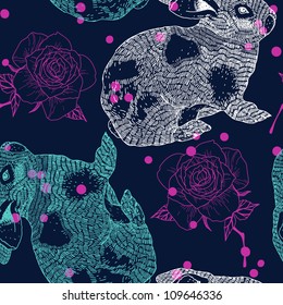 vector seamless pattern with rabbits and roses