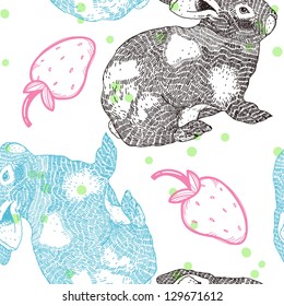 vector  seamless pattern with rabbits and strawberries