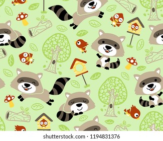 Vector of seamless pattern with raccoon cartoon and birds, trees and leaves