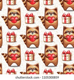 Vector seamless pattern with raccoon, 	
heart and gift . Children's wrapping paper.
