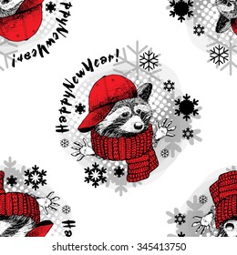 Vector seamless pattern with raccoon in a red cap and scarf. Happy New Year. Winter, holiday, snowflake. Christmas.