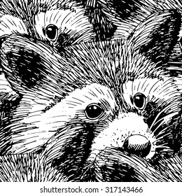 Vector seamless pattern with raccoon. White and black