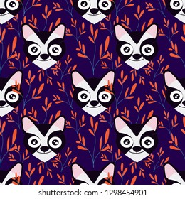 vector seamless pattern with raccoons on a purple background with orange sprigs